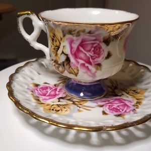 Japan made Cup Saucer Footed cup Lusterwear reticulated saucer Roses design